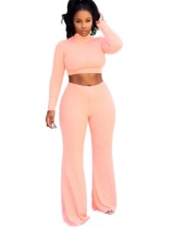 Matching 2PC Plain Knitted Crop Top and Pants Set