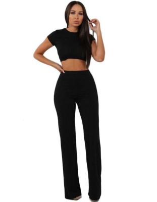 Matching 2PC Plain Knitted Crop Top and Pants Set