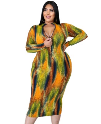 Plus Size Tie Dye Long Sleeve Midi Dress