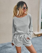 Autumn Striped Two Piece Shorts Set Lounge Wear