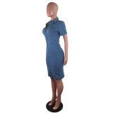 Short Sleeves Button Up Denim Blue Dress