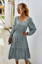 Fall Long Sleeve Square Floral Long Dress
