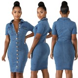 Short Sleeves Button Up Denim Blue Dress