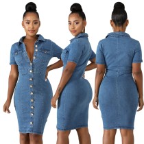 Short Sleeves Button Up Denim Blue Dress