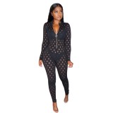 Black Sexy Hollow Out Zipper Jumpsuit with Sleeves