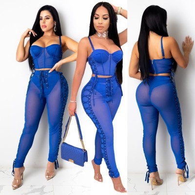 Blue See Through Lace Up Crop Top and Legging Set