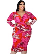 Plus Size Print V Neck Midi Dress