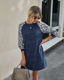 Autumn O Neck Shirt Dress with Leopard Sleeves