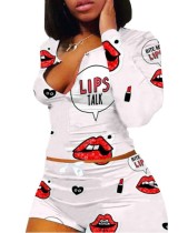 Lips Print Long Sleeve Crop Top and Shorts Set