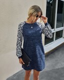Autumn O Neck Shirt Dress with Leopard Sleeves