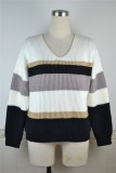V Neck Striped Multi-Color Pullover Sweater