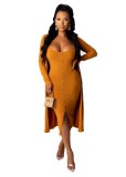 Solid Color Two Piece Dress with Matching Cardigans