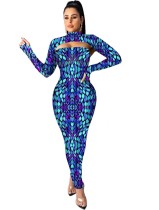 Print Sexy Cut Out Long Curvy Dress with Full Sleeves
