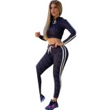 Sports Print Crop Top and Pants Tracksuit