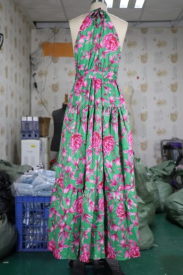 Summer Romantic Floral Scoop Halter Long Dress with Belt