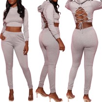 Autumn Sexy Lace Up Hoodie Crop Top and Pants Set