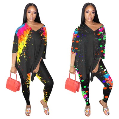 Casual Matching Colorful Loose Shirt and Tight Legging Set