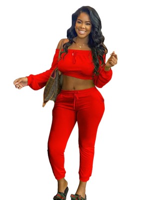 Casual Plain Off Shoulder Long Sleeve Crop Top and Track Pants Set