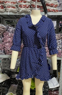 Autumn Polka Print Ruffles Wrapped Dress