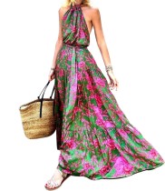 Summer Romantic Floral Scoop Halter Long Dress with Belt