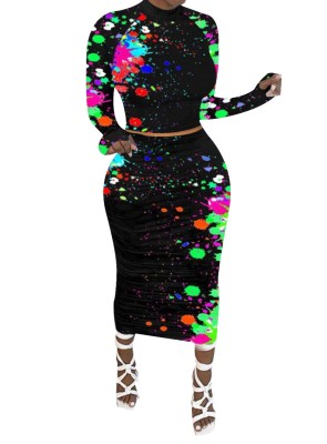 Sexy Matching Colorful Long Sleeve Skirt and Pencil Skirt Set