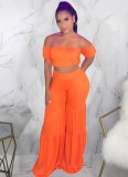 Matching Solid Color Off Shoulder Crop Top and Loose Pants Set