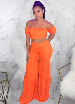 Matching Solid Color Off Shoulder Crop Top and Loose Pants Set