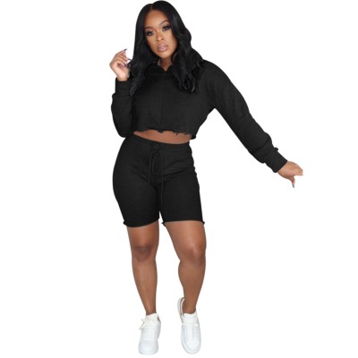 Autumn Solid Color Hoody Crop Top and Shorts Set