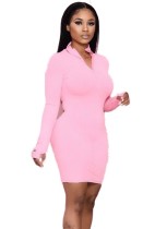 Autumn Solid Color Zipped Hoody Bodycon Dress