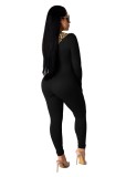 Sexy Cut Out Long Sleeve Leopard Black Bodycon Jumpsuit