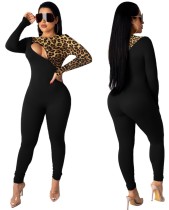 Sexy Cut Out Long Sleeve Leopard Black Bodycon Jumpsuit