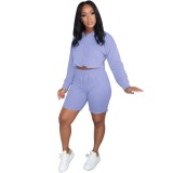 Autumn Solid Color Hoody Crop Top and Shorts Set