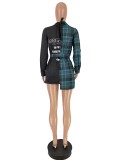 Autumn Black and Green Plaid Blouse with Belt