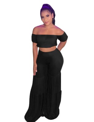 Matching Solid Color Off Shoulder Crop Top and Loose Pants Set