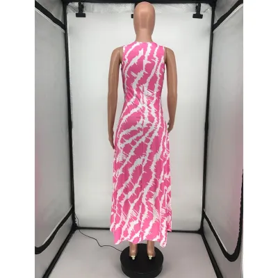 Summer Tie Dye O Neck Sleeveless Long Dress