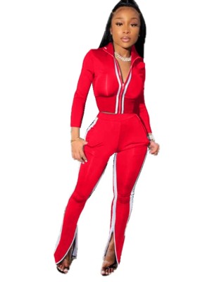 Autumn Matching Zipper Crop Top and Slit Zipper Pants Set