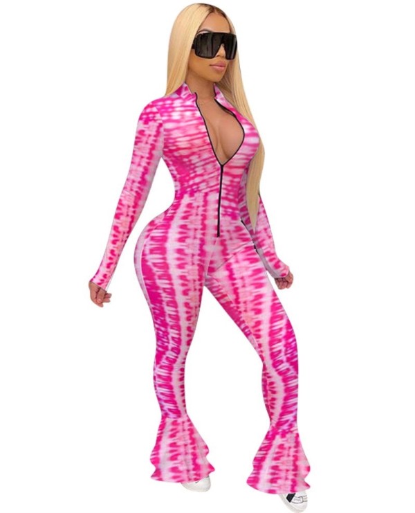 Sexy Print Long Sleeve Flare Zipper Jumpsuit