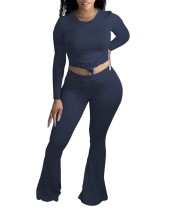 Sexy Plain Long Sleeve Crop Top and Bell Bottom Pants Set