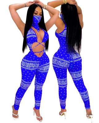 Sexy Print Cut Out Bodycon Jumpsuit with Face Cover