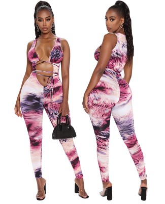 Sexy Tie Dye Cut Out Bodycon Jumpsuit with Face Cover