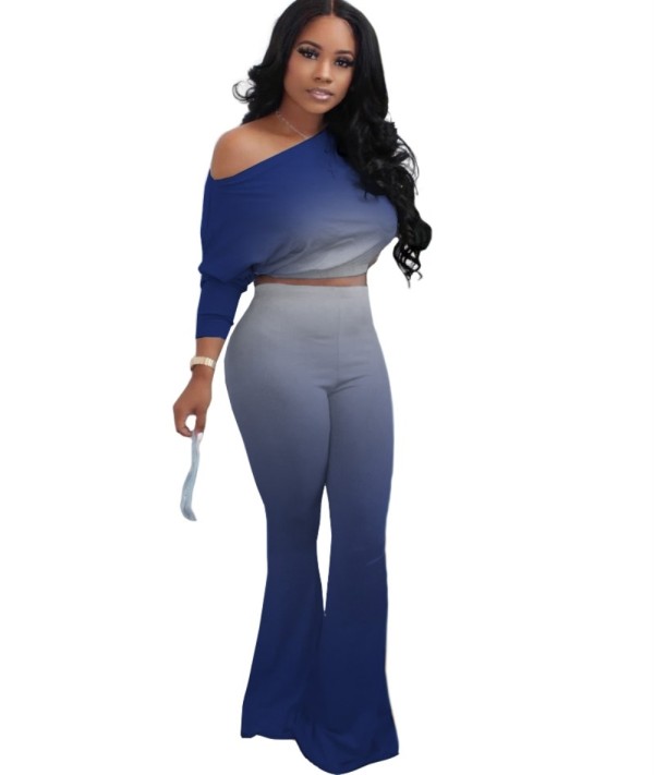 Autumn Gradient Crop Top and High Waist Pants Set