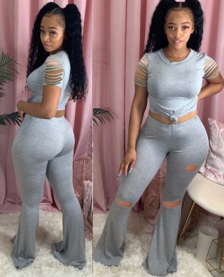 Sexy Grap Two Piece Ripped Flare Pants Set