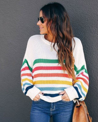 Autumn Striped O Neck Pullover Loose Sweater