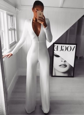 Occassional White Deep-V Long Sleeve Jumpsuit