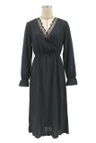 Autumn Black V Neck Wrapped Long Casual Dress