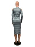 Autumn Cut Out Shoulders Striped Midi Dress with Full Sleeves