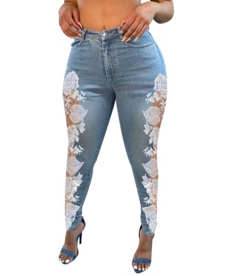 Blue Patchwork High Waist Floral Jeans