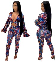 Sexy Two Piece Matching Print Crop Top and Pants Set