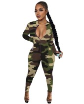 Sexy Camou Zipper Bodycon Jumpsuit with Full Sleeves