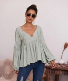 Autumn Solid Plain Flare Shirt with Pop Sleeves